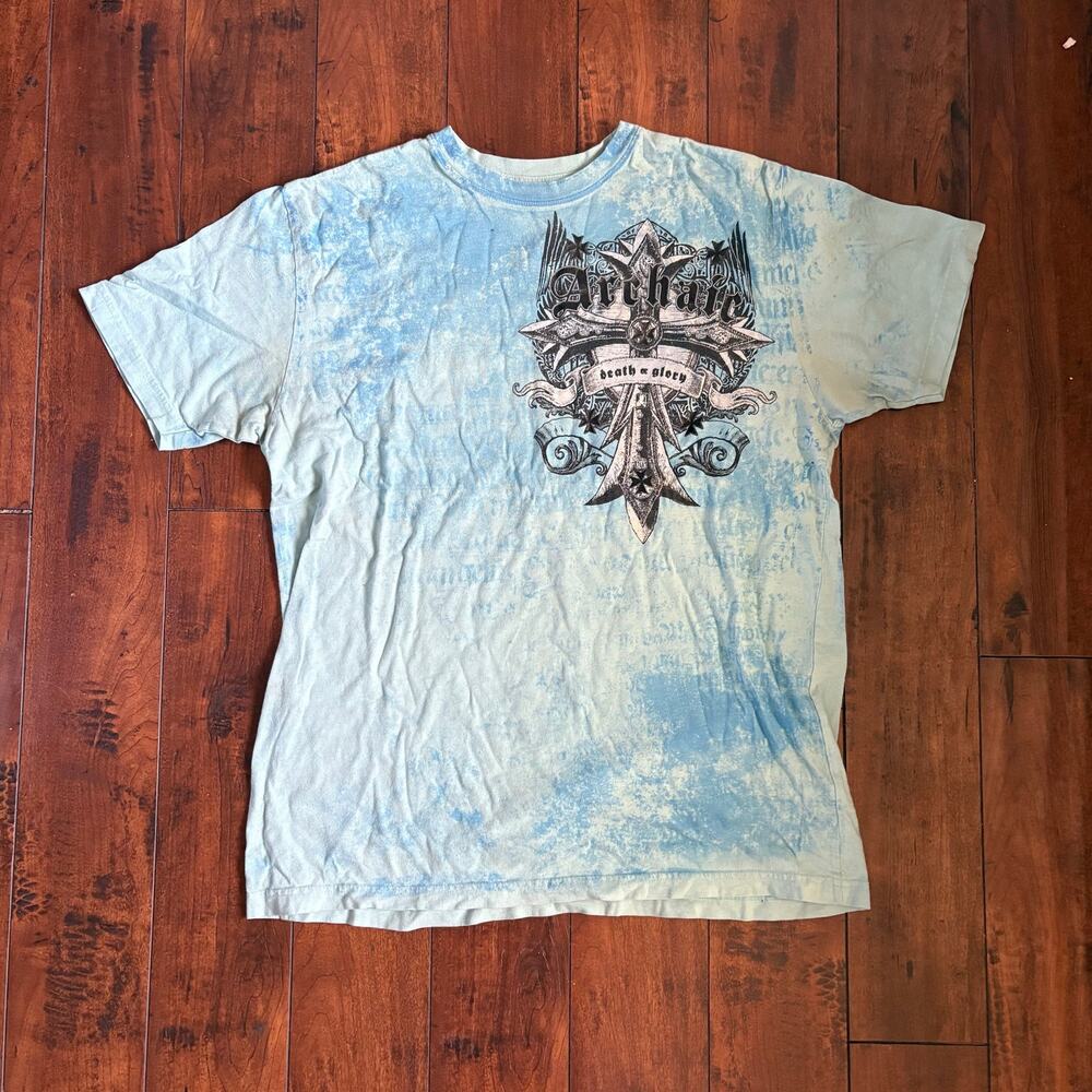 Y2K Skater Archaic Graphic T Shirt Mens XL Blue Grunge Emo 2000s Cross Goth
